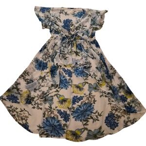 True Destiny Floral V-Neck Tie Front Midi Dress Blue White Yellow Size M